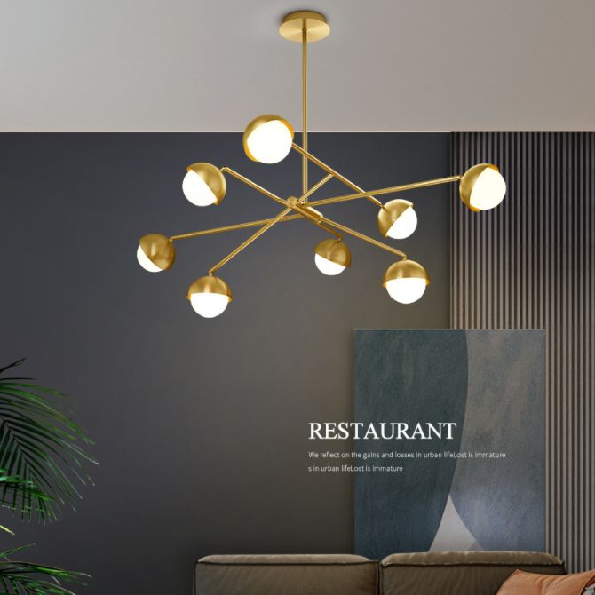 Postmodern Sputnik Chandelier Metal Living Room Pendant Light with White Glass Shade