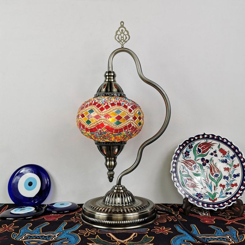 Stained Art Glass Globe Table Lamp Art Deco 1 Head Restaurant Night Light with Curvy Arm in White/Red/Yellow