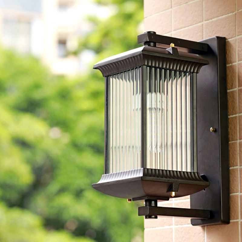 Ribbed Glass Rectangular Shade Wall Light Classic Single Outdoor Wall Lighting Fixture in Coffee