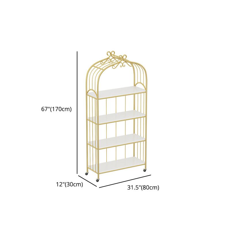 Gold Vertical Bookshelf Iron Frame Solid Wood Shelf Bookcase with Caster Wheels