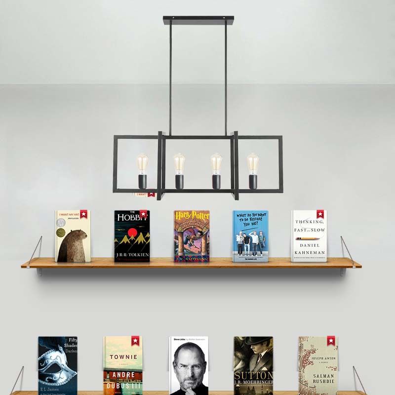 Black 4 Heads Island Pendant Industrial Metal Rectangle Hanging Ceiling Light for Living Room