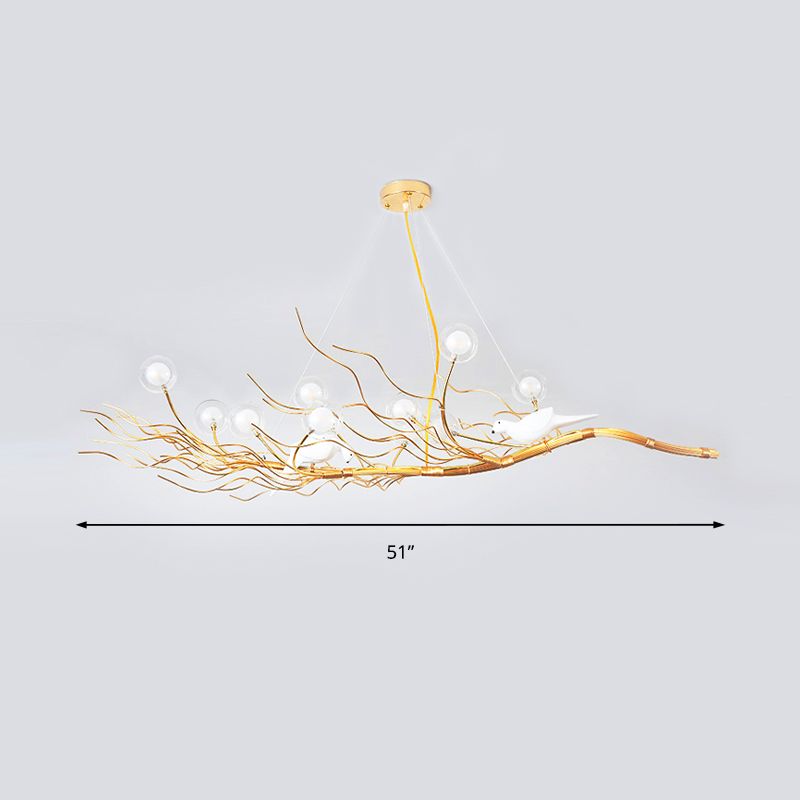 Gold Branch Pendant Light Modern 10-Light Glass Glass Island Lampe avec oiseaux pour salle à manger