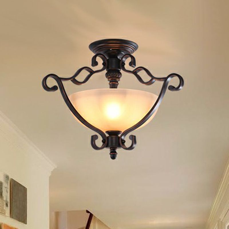Copper Single Semi Flush Light Rustic Iron Scrolled Ceiling Flush Mount with Bowl Beige Glass Shade