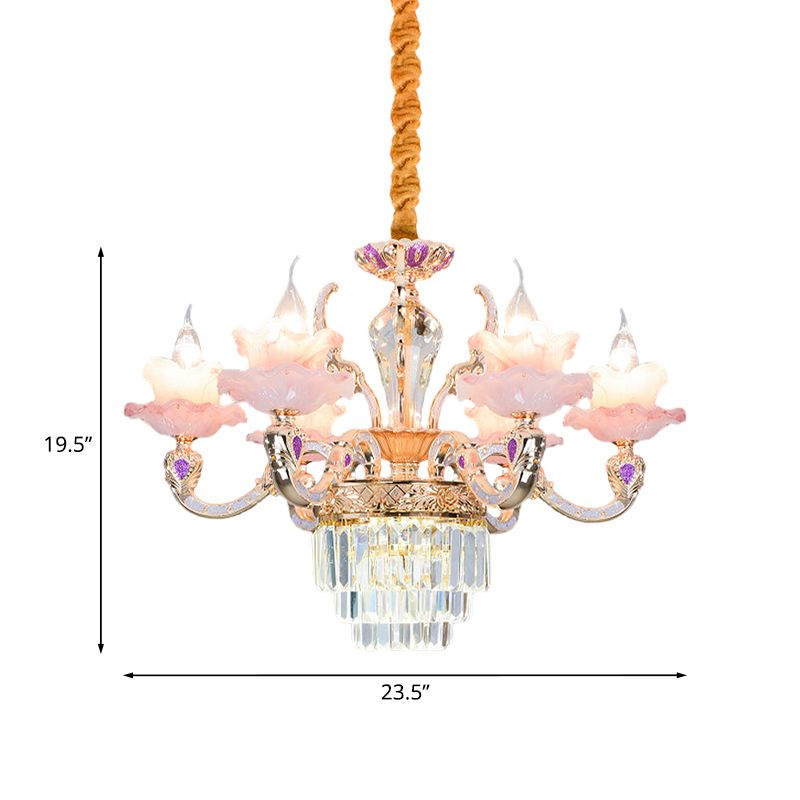6 Lights 2-Layer Ruffle Chandelier Contemporary Pink Glass Pendant Lamp with Tiered Crystal Bottom