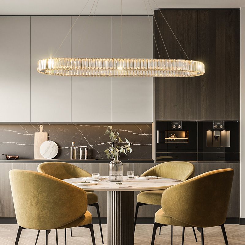 Minimalist Crystal Hanging Lamp, Luxury Linear Shade Hanging Light in Gold for Dinner Table