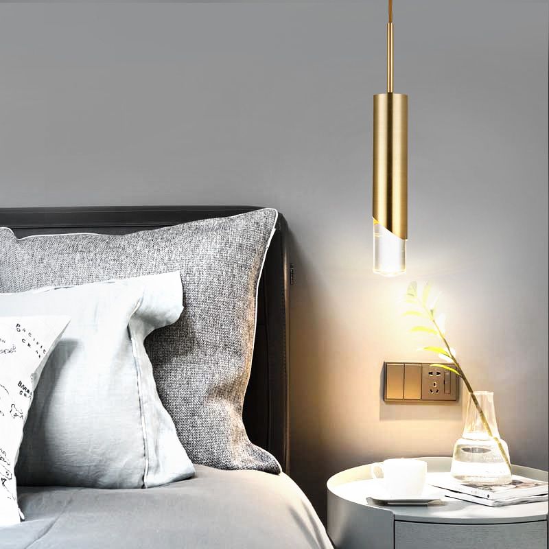 Metal Cylinder Pendant Light Fixture Minimalist 1 Light Gold Hanging Lamp Kit for Kitchen