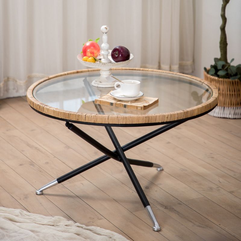 Cross Legs Round Glass Coffee Cocktail Table with Rattan Accent