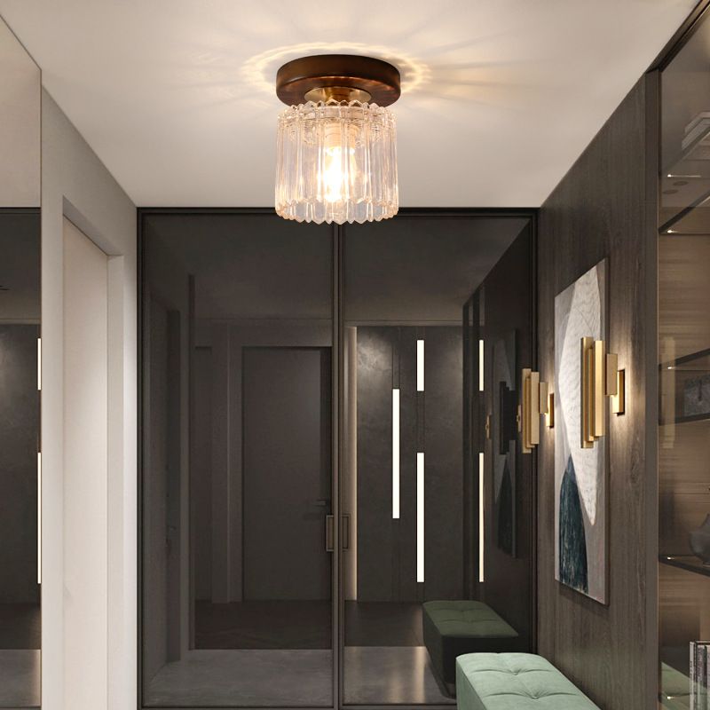 Simplicity Small Ceiling Flush Light Clear Glass 1 Bulb Entryway Flush Mount Light in Dark Wood