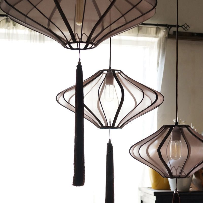 Rhombus hangende plafond lantaarn moderne stof 1-licht diner hanglampje met kwastje