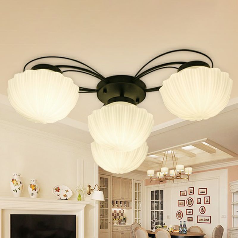 Ribbed Cream Glass Black Flush Mount Chandelier Bowl Classic Semi Flush Light Fixture for Dining Room
