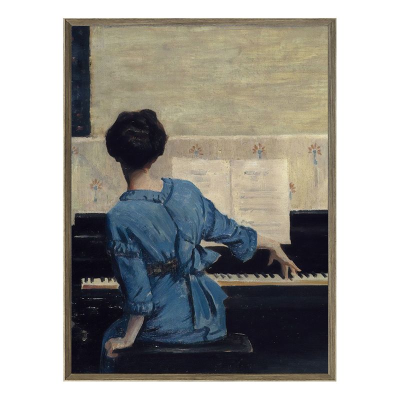 Gemälde „Sitzendes Mädchen und Klavier“ im Vintage-Stil, strukturierte Leinwand-Wanddekoration in Blau
