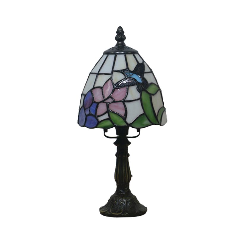 Beige/Pink Bowl Night Lamp Mediterranean 1 Bulb Hand Cut Glass Floral/Peacock Tail Patterned Table Lighting for Bedside