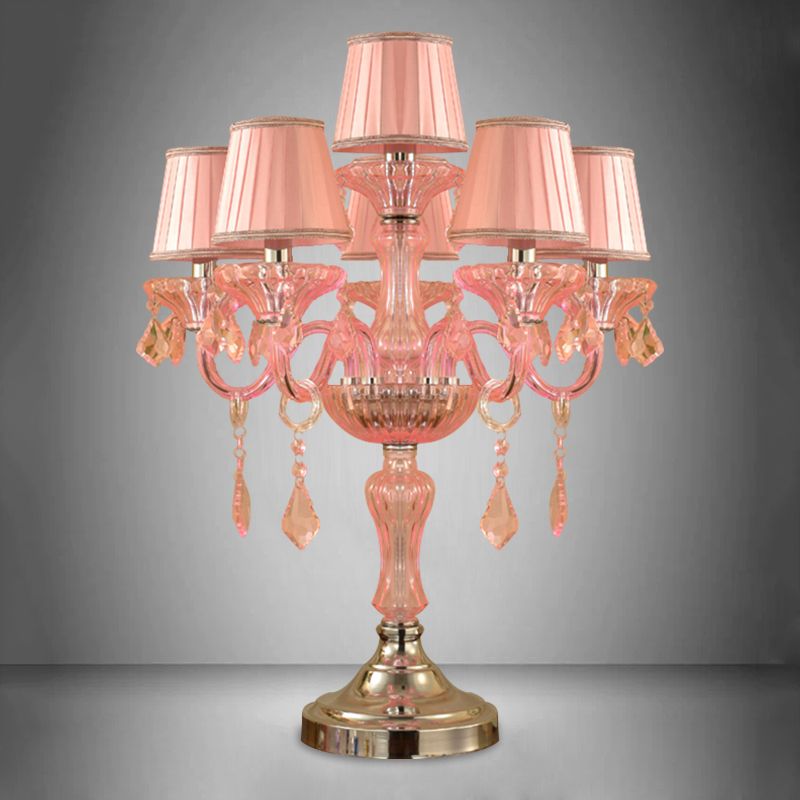 Luz de mesa de dormitorio de velas Luz de cristal tradicional 5/6/7 Bulbos lámpara de mesita de noche rosa con sombra de tela plisada