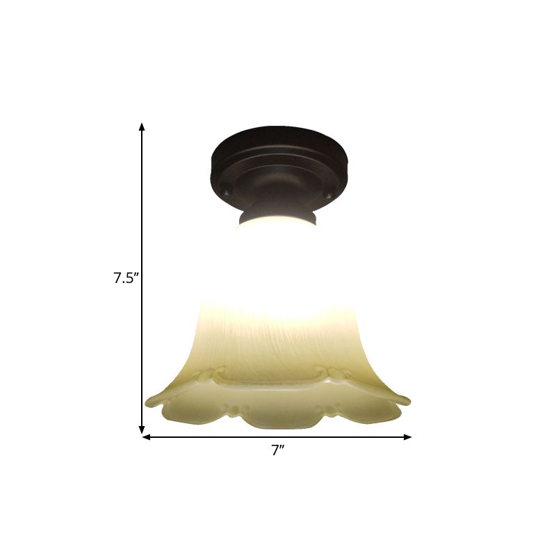 Single Head Flush Lamp Cottage Flower White Glass Ceiling Flush Mount Light in Black