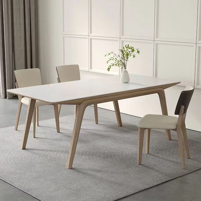 Stone Dining Table Set with Ash Wood Frame 1/4/5/7 Pcs Contemporary White Dining Set