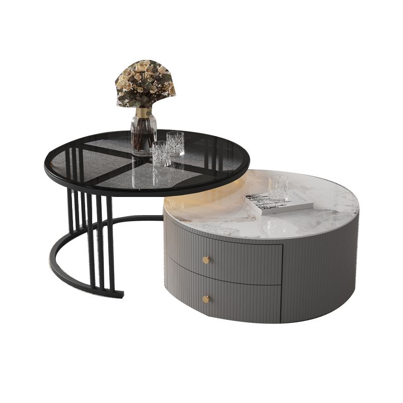 Contemporary Cocktail Table Round Glass / Slate Coffee Table with Drawers