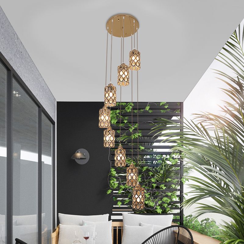 8 Heads Hanging Lamp Contemporary Stair Multi Light Pendant with Cylinder Crystal Shade in Gold