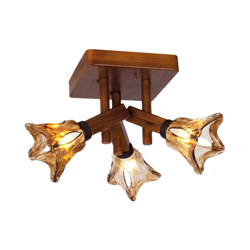 Flower Dining Room Semi Flush Light Rustic Glass 3/5/8 Lights Red Brown Ceiling Light Fixture
