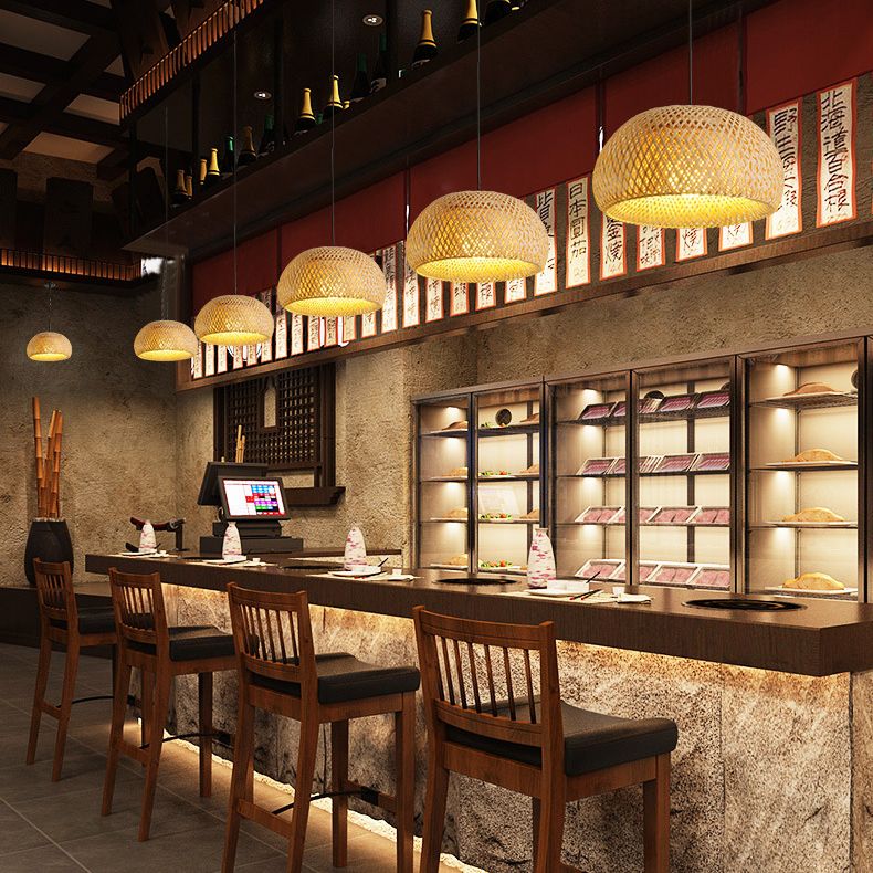 1-Light Beige Bamboo Suspended Lighting Fixture Asia Pendant Light Kit for Tea Room