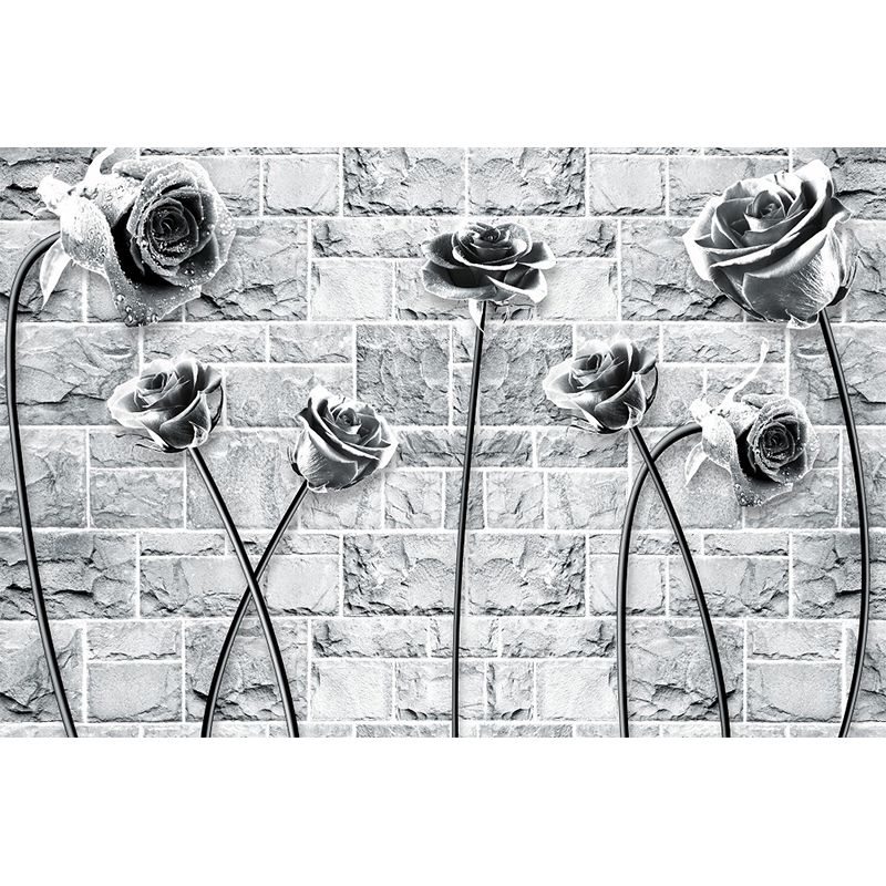 Rose and Brick Wallpaper Mural Black-White Contemporary Wall Covering for Bedroom