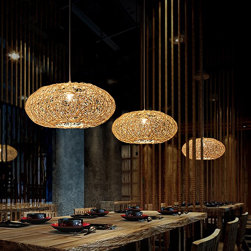 Chinese 1 Bulb Hanging Light Beige Lantern Pendant Lighting Fixture with Bamboo Shade