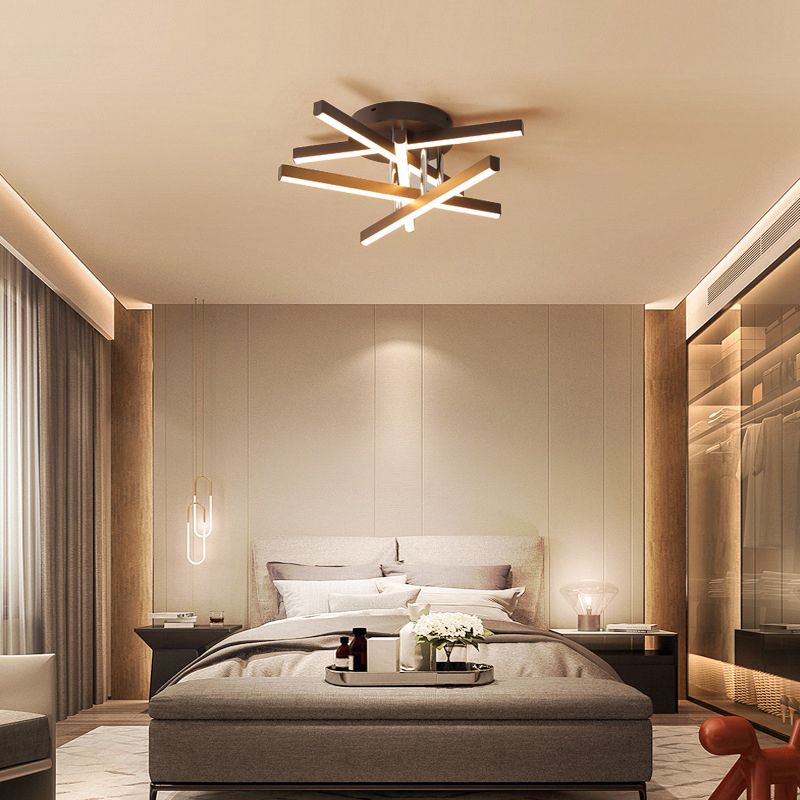 Contemporary Stick Flush Mount Light Aluminum Bedroom LED Semi Flush Ceiling Light in Black
