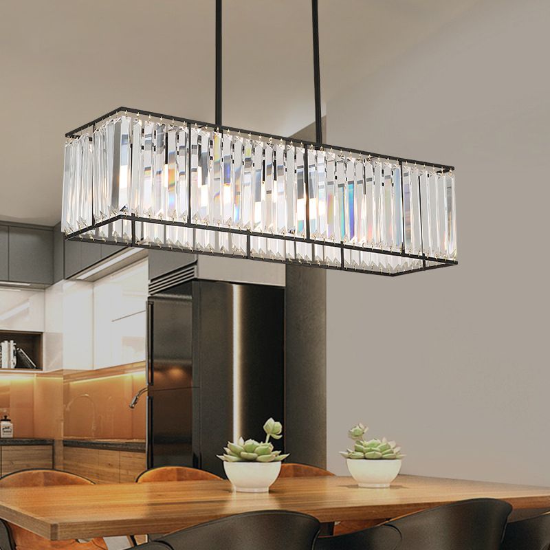 Clear Crystal Island Pendant Light Rectangle 3 Heads Traditional Suspension Lighting for Dining Room