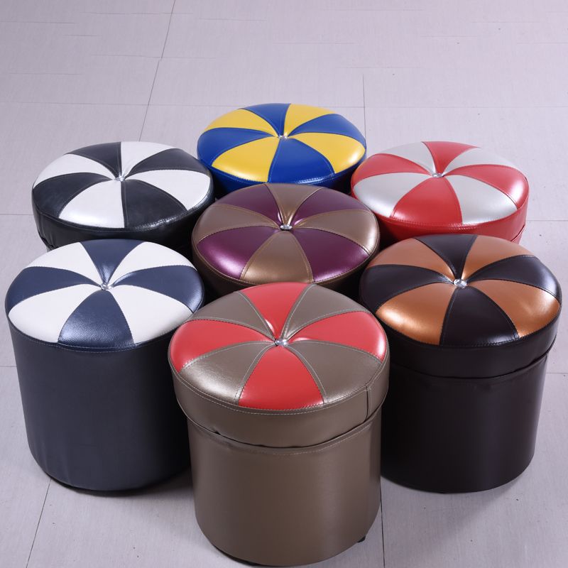 Minimalist Round Ottoman Contrast Panel Faux Leather Indoor Round Chair Ottoman