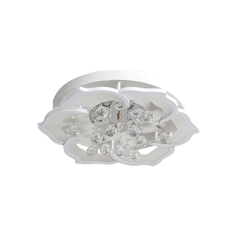 LED Bedroom Flushmount Lighting Simple White Finish Crystal Ceiling Light Fixture with Bloom Acrylic Shade in Warm/White Light, 21.5"/25.5" W