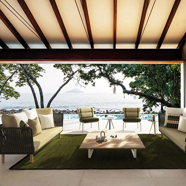 Tropical Rattan Accent Patio Sofa Metal Frame Brown Outdoor Patio Sofa with Cushion