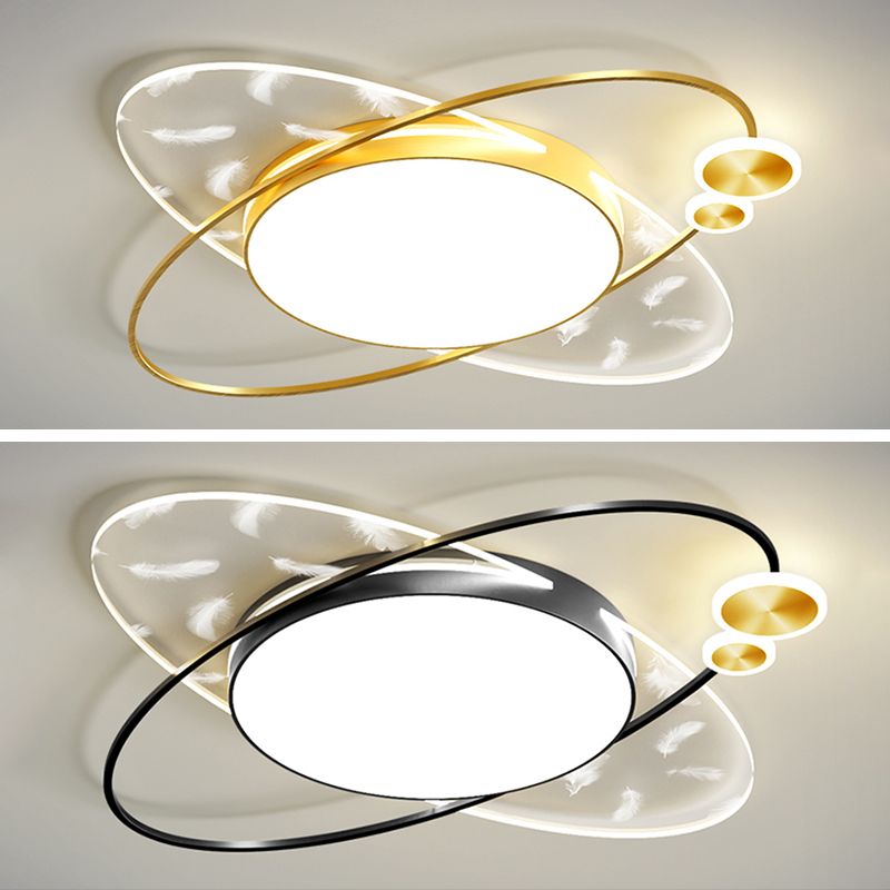 Modern Creative Feather LED Semi Flush Mount Circular Wrought Iron Ceiling Light with Acrylic Shade