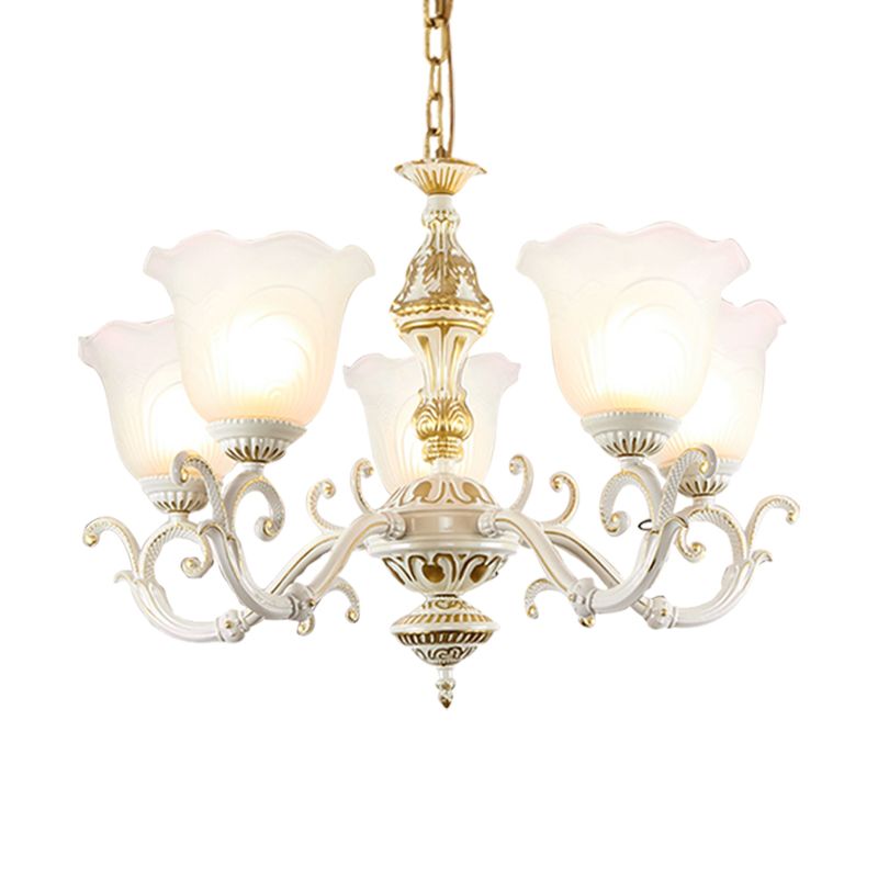 Opaline Glass Flower Ceiling Lamp Traditional 5/7-Light Drawing Room Pendant Chandelier in White and Gold