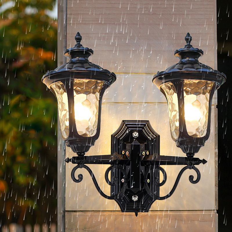 2 Bulbs Wall Mount Light Traditional Urn-Shade Clear Dimple Glass Sconce Lamp in Black