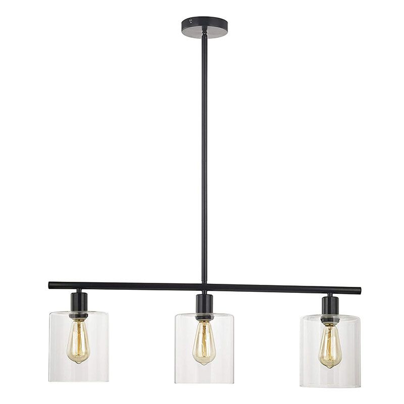 Cylindrical Glass Island Lamp Industrial 3 Lights Dining Room Hanging Lamp in Black