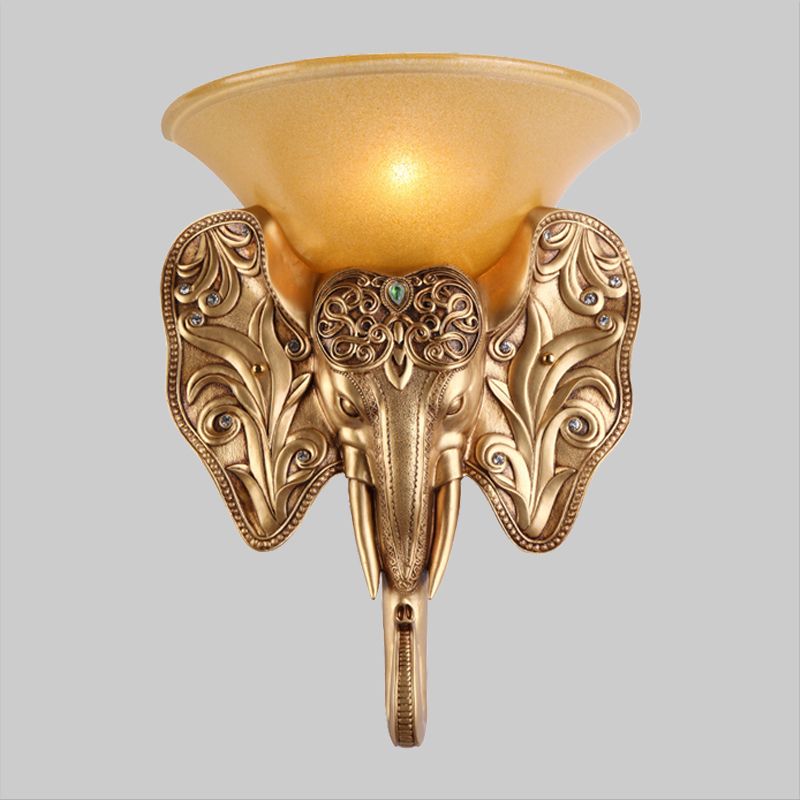Gold Single Light Wall Lamp Warehouse Amber Glass Wide Bell Wall Lighting Fixture with Elephant Head Design