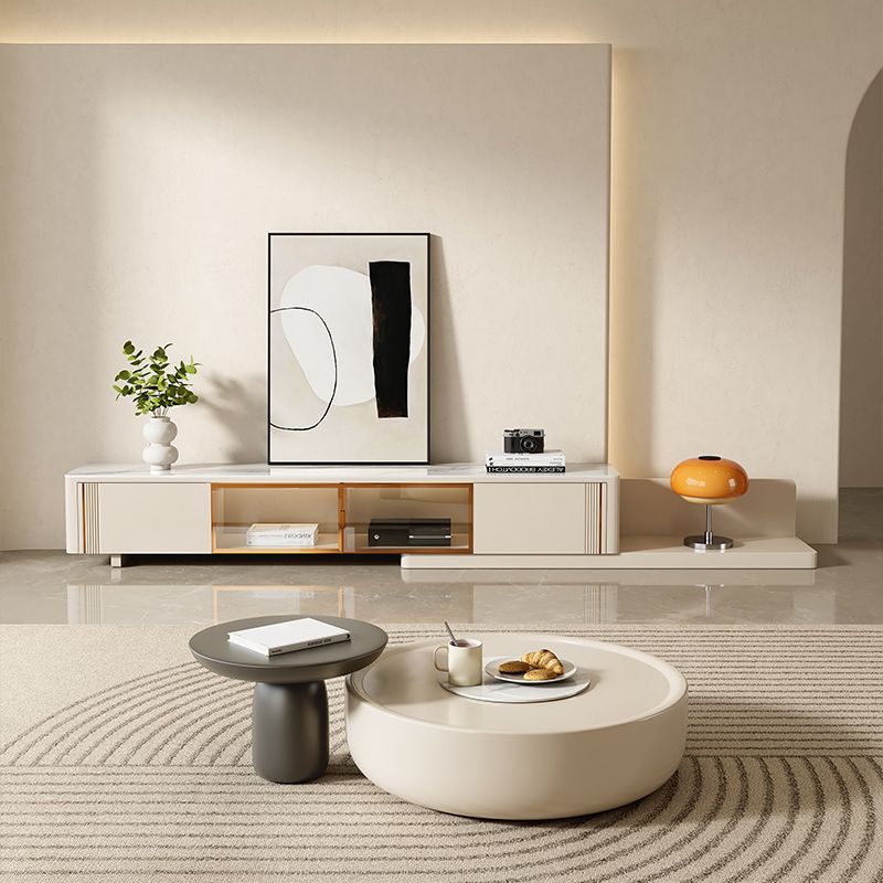 Contemporary Round White Cocktail Table 1 Drawer Drum Coffee Table Set