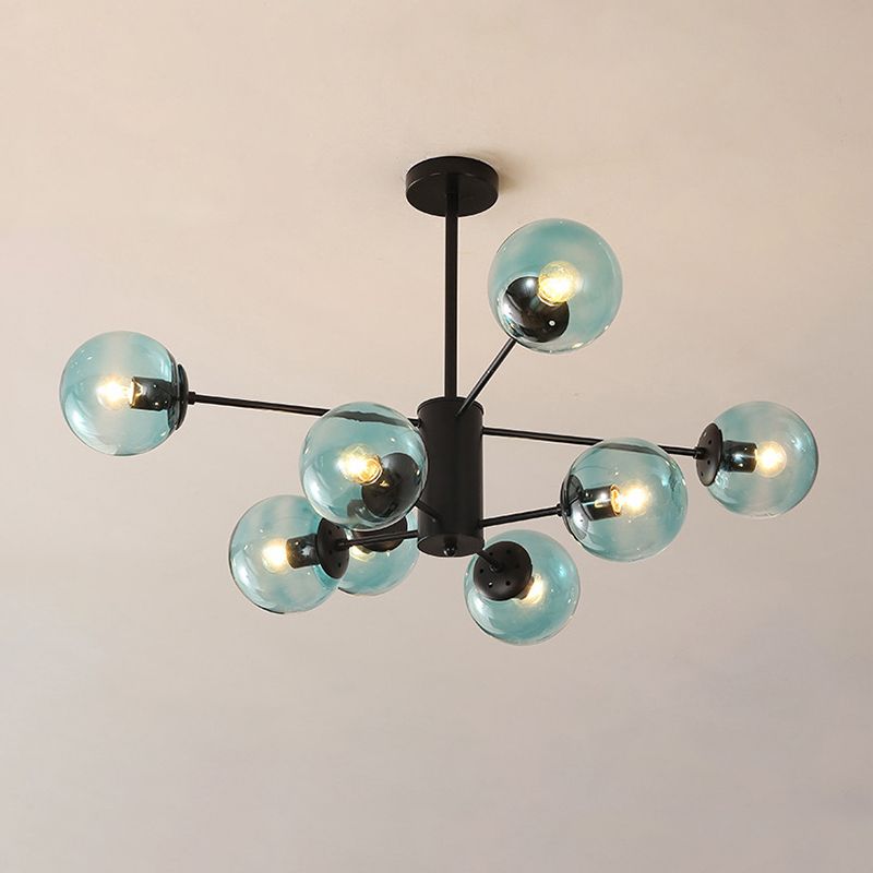 Amber/Blue/Clear Glass Spherical Chandelier Light Post Modern 6/8/10 Lights Black Pendant Lamp for Bedroom