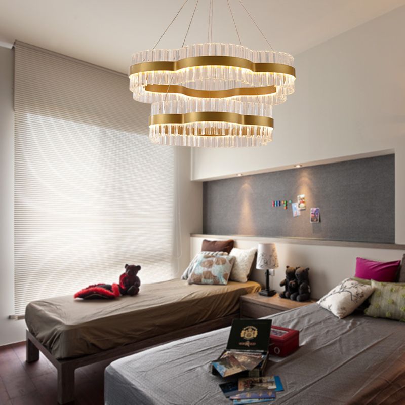 1/2 Tiers Flower Living Room Ceiling Chandelier Crystal 23.5"/31.5" Wide Led Minimalist Hanging Light Kit in Black/Gold