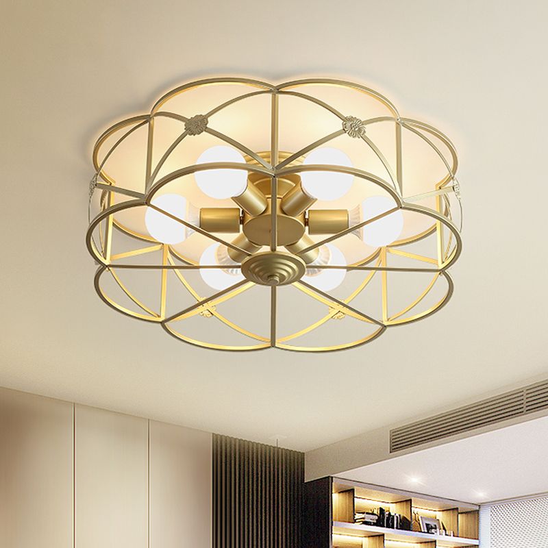 Iron Gold Flush Mount Light Scalloped Cage 6 Bulbs Colonialism Ceiling Mounted Fixture for Bedroom