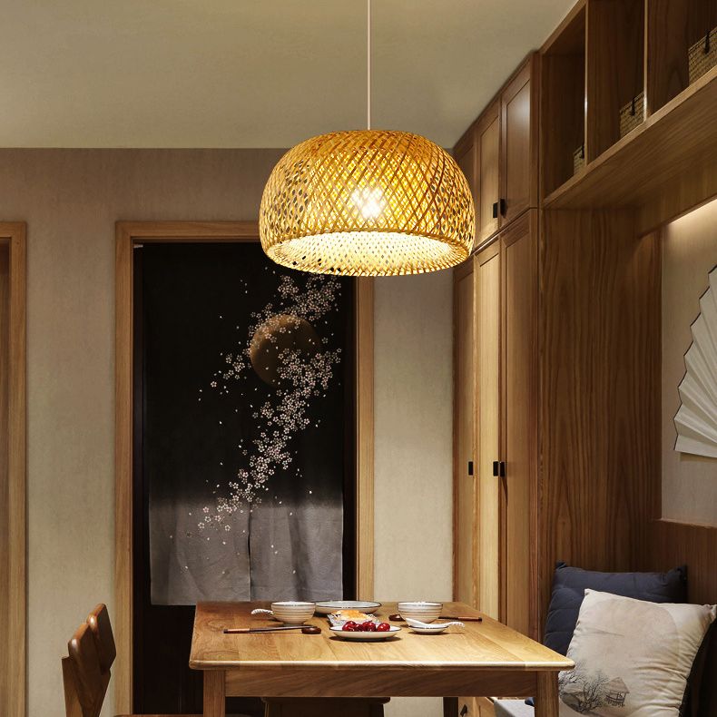 Half-Circle Shade Pendant Light Fixture Asia Style Bamboo Beige Suspension Pendant Light