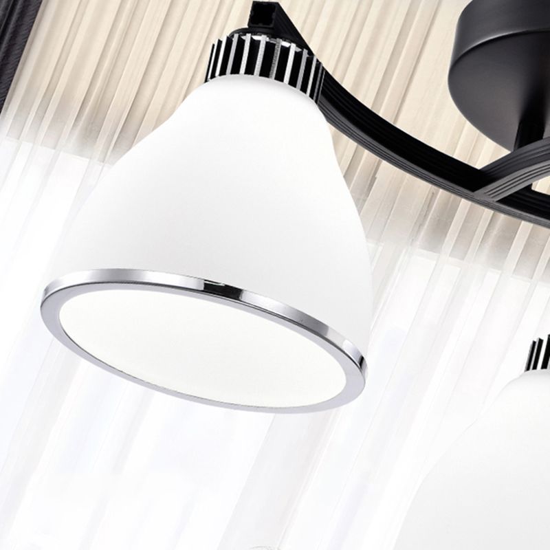 Modern Bell Shaped Flush Lamp White Glass Living Room Semi Flush Ceiling Light in Black