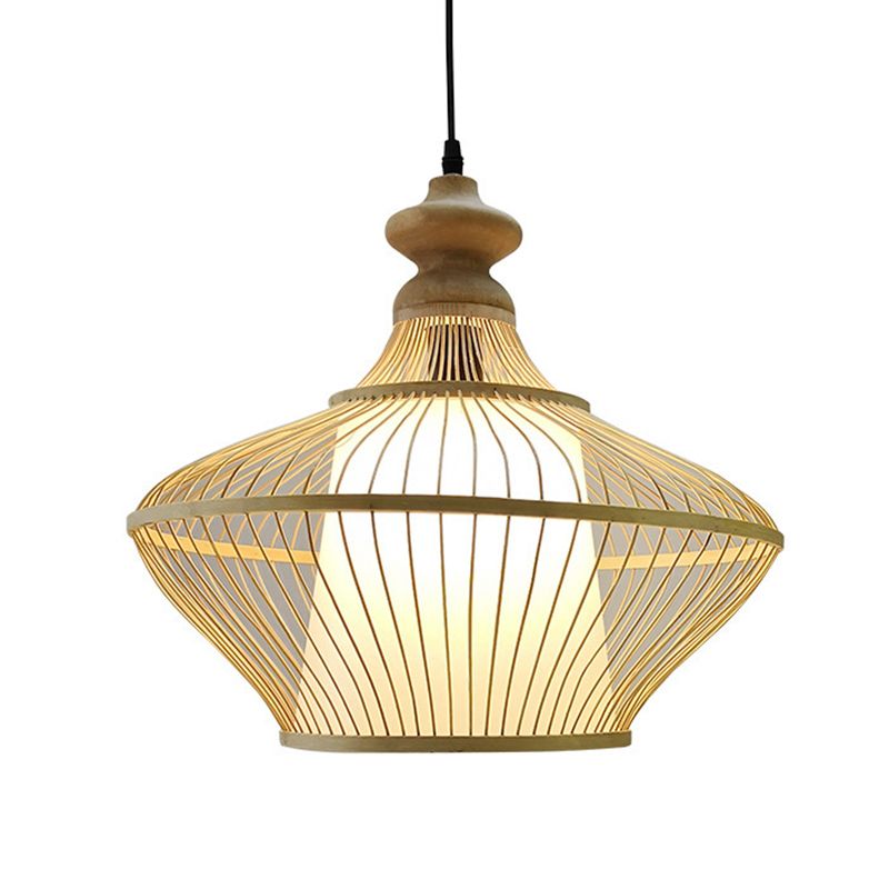 Bamboo Saucer Suspension Pendant Light Modern Style Beige Pendant Lighting Fixture
