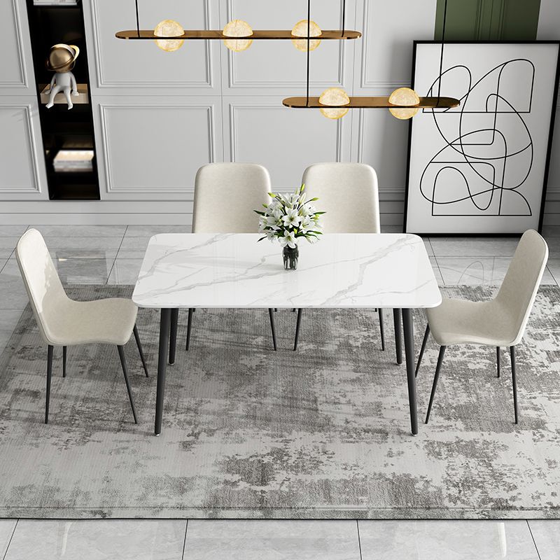 Mesa de comedor de cocina de piedra sinterizada simple Rectángulo de comedor blanco con 4 patas base