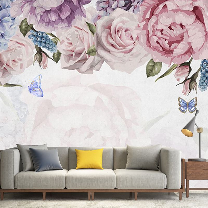 Flower Print Blooming Peony Mural Modern Smooth Wall Covering in Pink-Blue