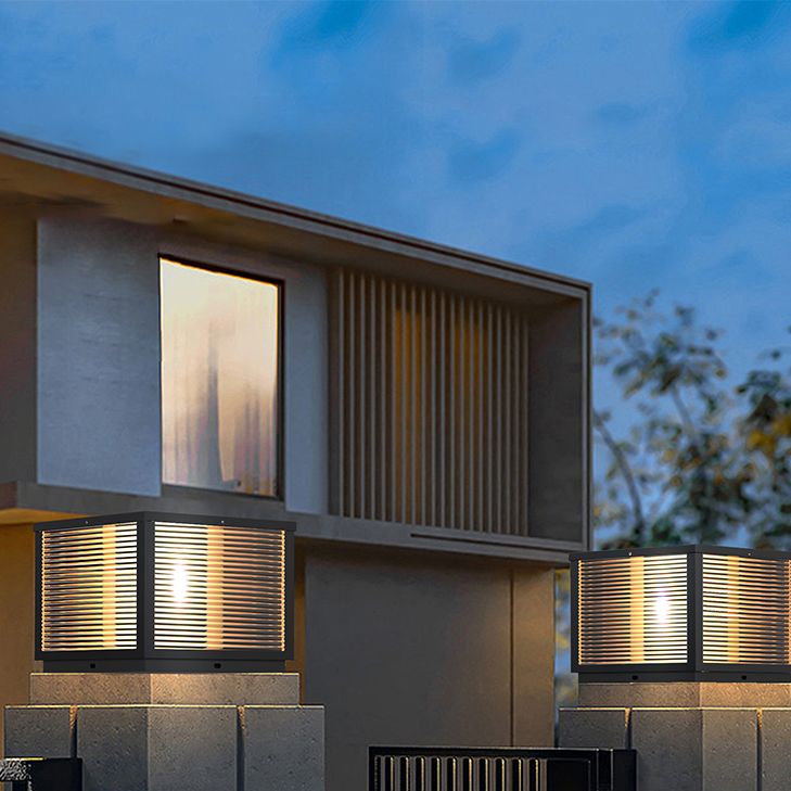 Geometric Shape Metal Solar Pillar Lamp Modern Style 1 Light Outdoor Lights in Black