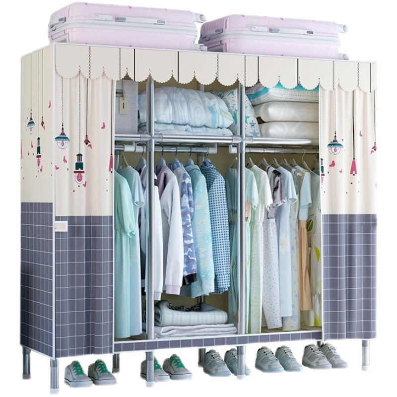 Modern Style Metal Wardrobe 3-Tier Cloth Rod Included Wardrobe Closet