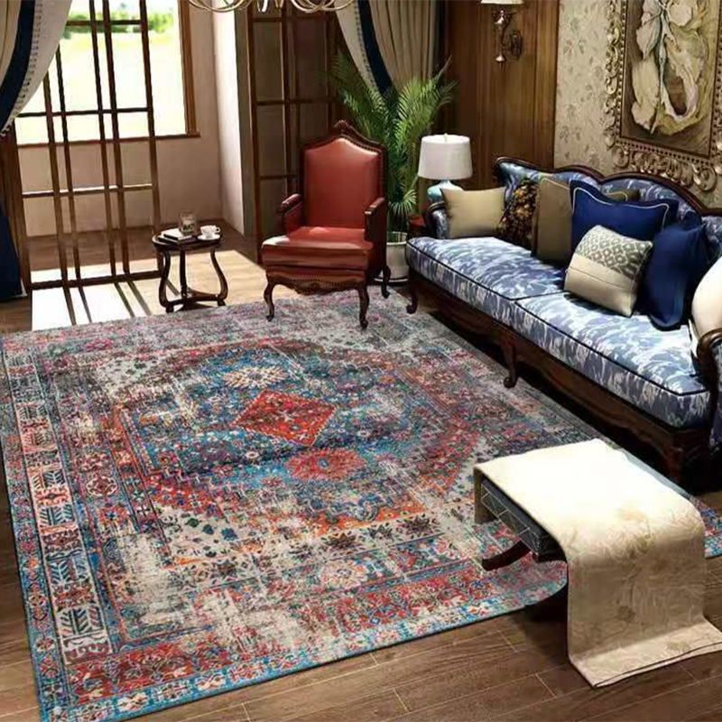 Red Retro Indoor Carpet Polyester Medallion Rug Non-Split Backing Carpet for Living Room