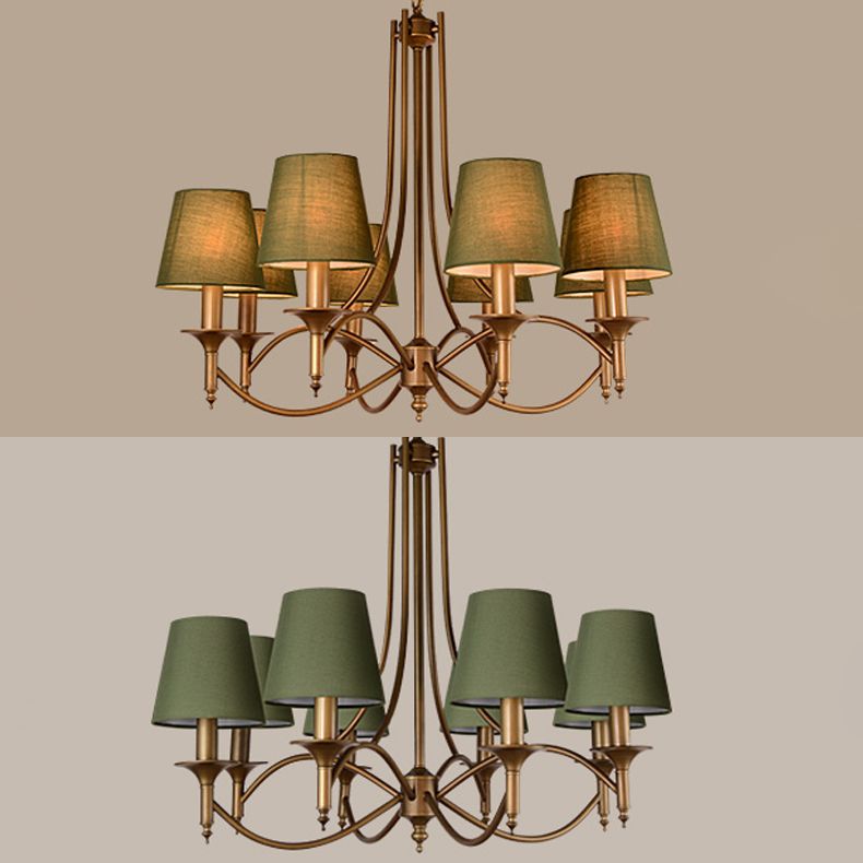 American Style Brass Chandelier Multi-Head Hanging Pendant Lights with Fabric Shade