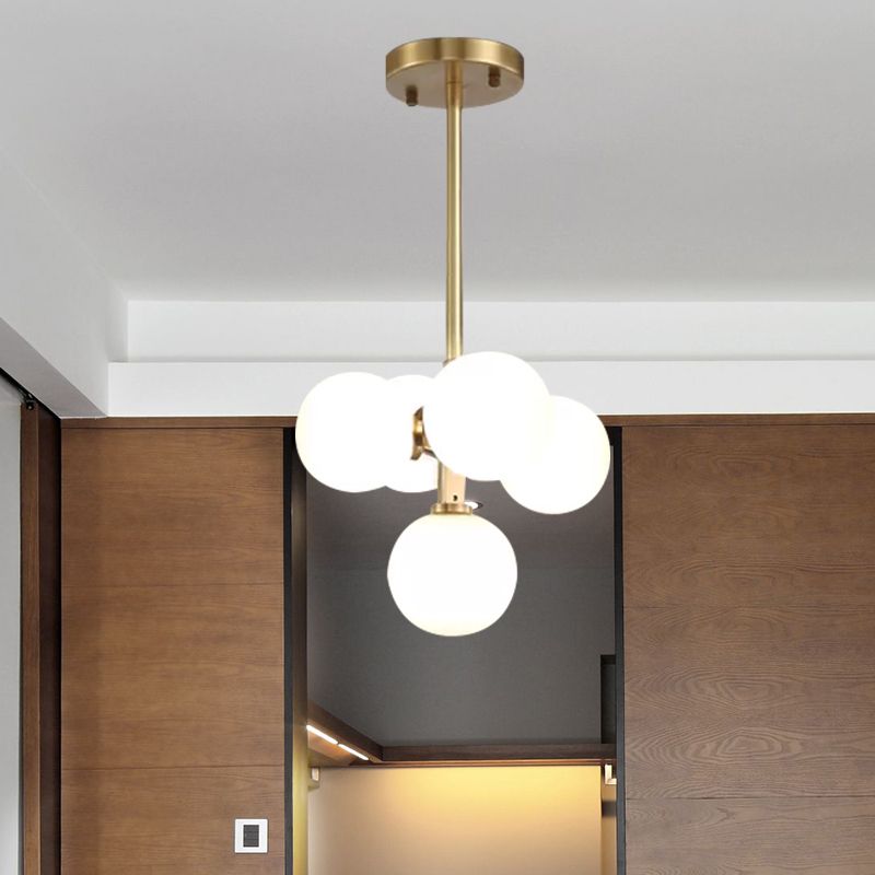 Brass Round Hanging Chandelier Modern 5 Heads White Frosted Galss LED Ceiling Pendant Light