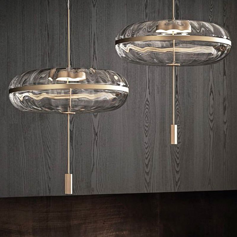 Rippled Glass Pumpkin Shaped Pendant Minimalist Brass LED Ceiling Light for Dining Room